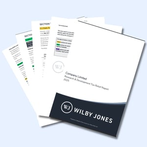 An image of the Wilby Jones R&D demo report. There are several pages that are fanned out on a greyish blue background.